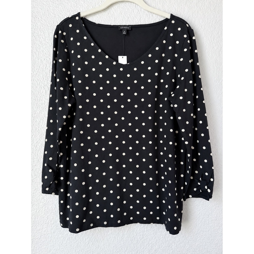 NWT‎ Talbots Womens Black Ivory Polka Dot V-Neck 3/4 Sleeve Bow Cuff Top M
